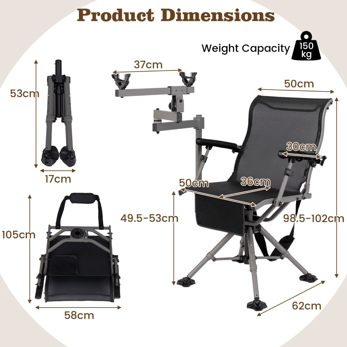 Fauteuil de chasse Coast - pivotant à 360° - pieds et accoudoirs réglables - noir et gris