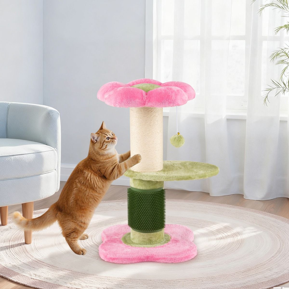 Arbre à chat Coast - 3 étages - avec coin repos en peluche et plateformes fleuries - rose - 69 cm