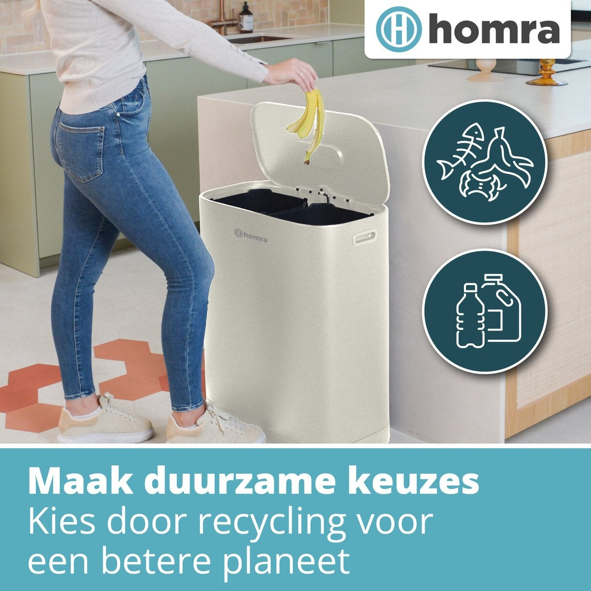 Poubelle Homra Rockx 60 Litres - Duo Poubelle à Pédale 2 x 30L avec Filtre à Odeurs - Poubelle de Tri en Inox à 2 Compartiments - Poubelle de Recyclage - Poubelle de Cuisine pour le Tri des Déchets - Double Poubelle Blanc Crème