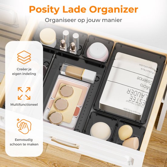 Posity Organisateur de tiroirs - 25 pièces - Plateaux d'organisation - Plateaux de tiroirs - Plateaux de stockage - Organisateur de maquillage - Pour la cuisine, la salle de bain et le bureau - Plastique - Noir transparent