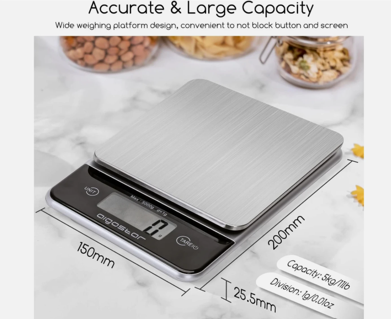Balance de cuisine numérique Aigostar - Gris - Acier inoxydable - 5 kg/1 g, écran LCD