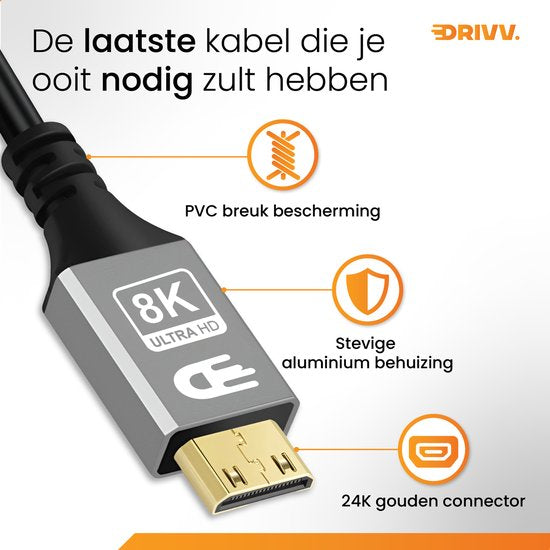 Drivv. Câble Premium Mini HDMI vers HDMI 2.1 - 8K 60Hz / 4K 120Hz Ultra HD - 2 mètres - Gris - Convient aux appareils photo, tablettes et ordinateurs portables