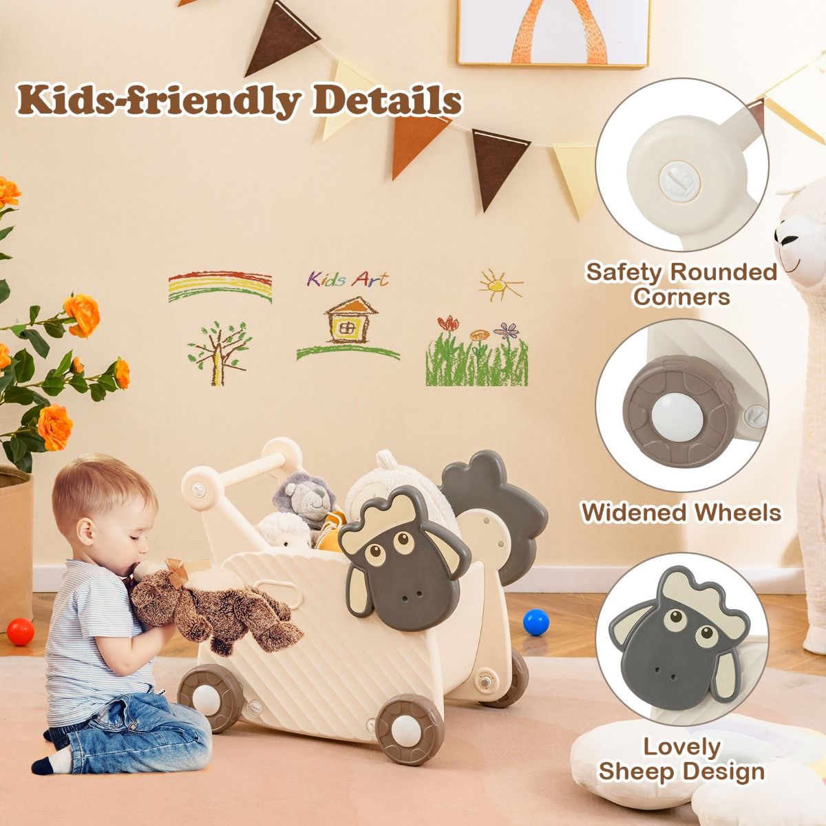 Chariot pour enfants Coast Schaap - Chariot de rangement et trotteur 2-en-1 - 18 litres - Beige et gris