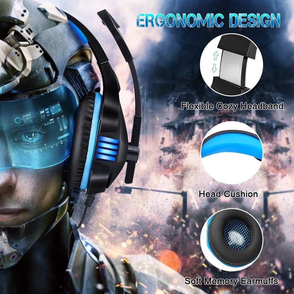 Casque de jeu Hunterspider V3 - Noir/Bleu - Convient pour PS4, Xbox One et Windows