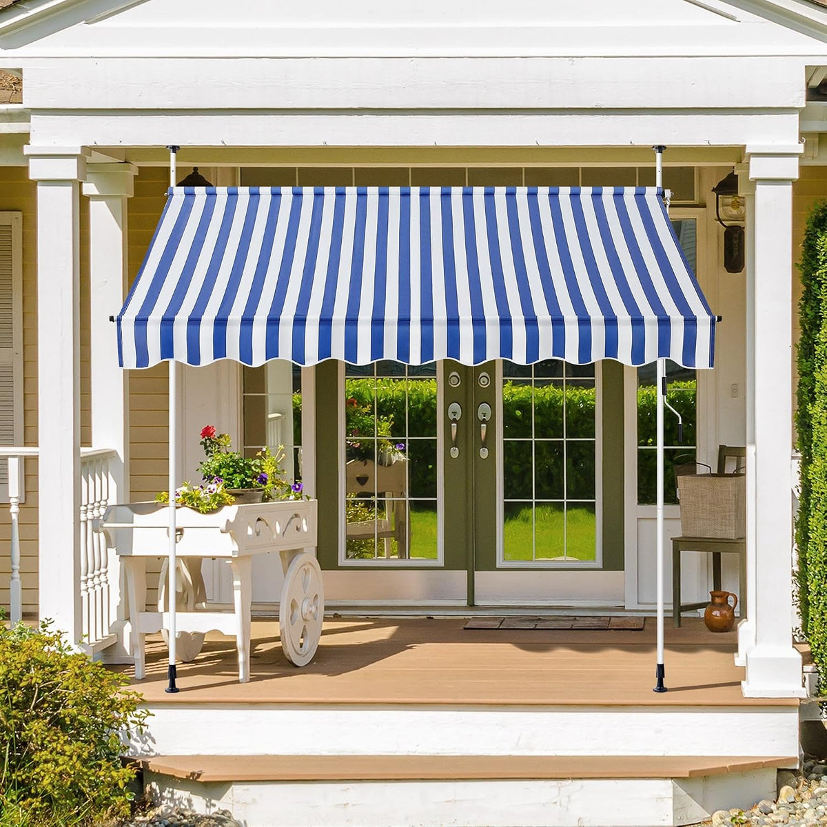 Yaheetech Store de balcon - Store à pince avec manivelle 250 cm - Réglable en hauteur - Bleu et blanc