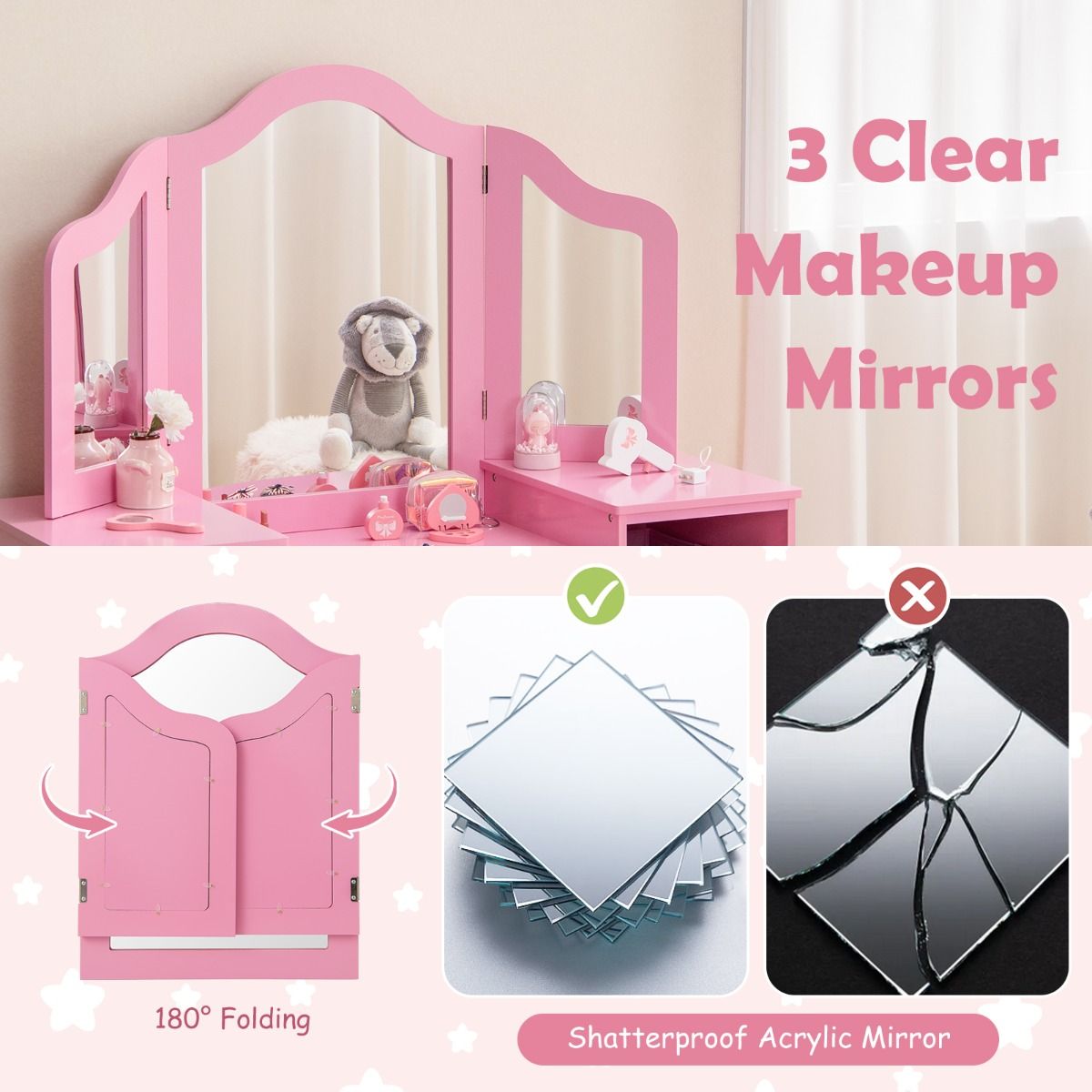 Coast : coiffeuse et bureau pour enfant - Miroir amovible à trois faces - Avec bacs de rangement - Rose
