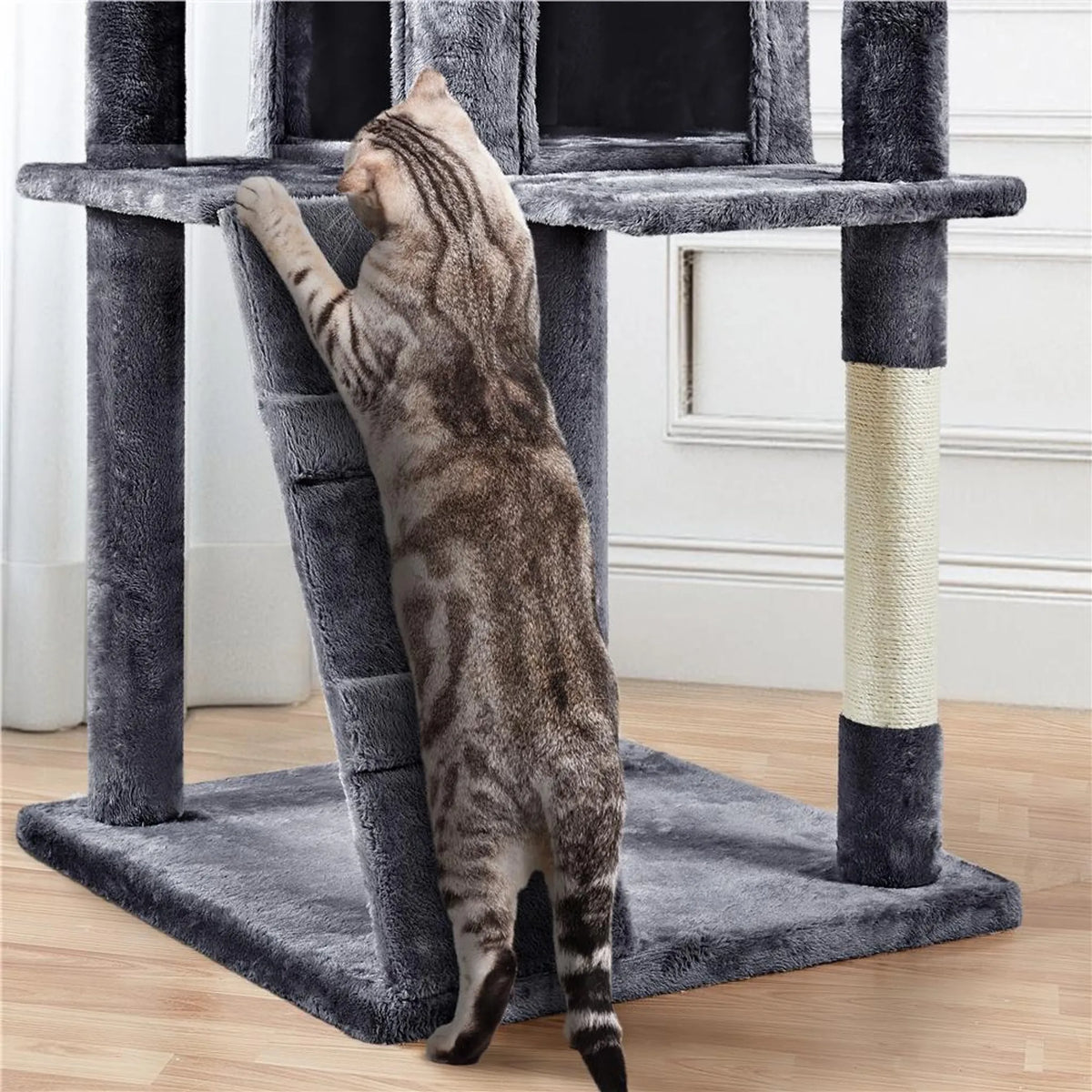 Yaheetech Cat Post XXL avec deux paniers pour chats - équipé d'une rampe d'escalade, d'une chaise longue pour les oreilles du chat et de boules de jeu suspendues - pour les foyers avec plusieurs chats - peluche et sisal gris foncé - 59,5 x 55 x 202,5 cm