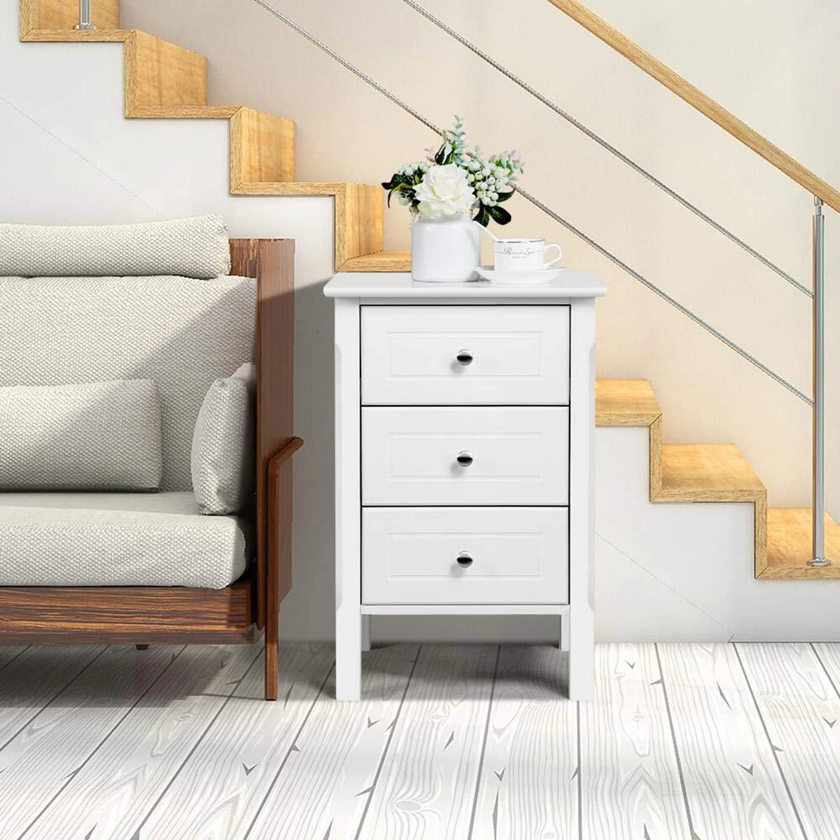 Yaheetech Table de chevet avec 3 tiroirs - équipée de poignées en aluminium, d'une surface laquée résistante à l'humidité et de guides de tiroirs de haute qualité - pour la chambre à coucher et le salon - MDF E1 blanc - 40 x 40 x 60 cm