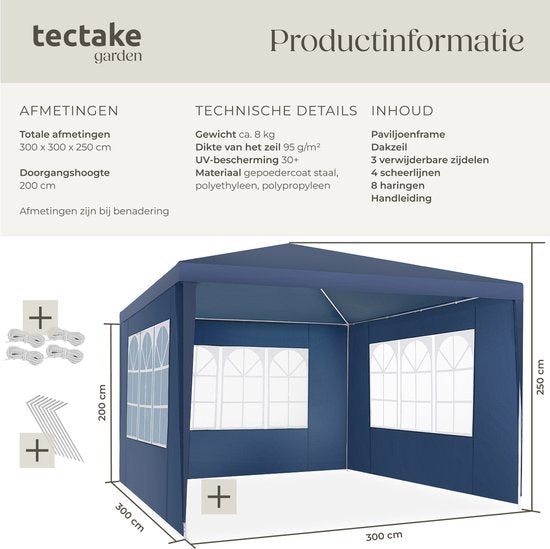 tectake® Pavillon - avec armature renforcée - Tente de réception 3x3 m - Bâche imperméable - Panneaux latéraux amovibles - Pavillon de jardin résistant aux intempéries - Lignes de tension et piquets inclus - Bleu - Tente pliante pop-up