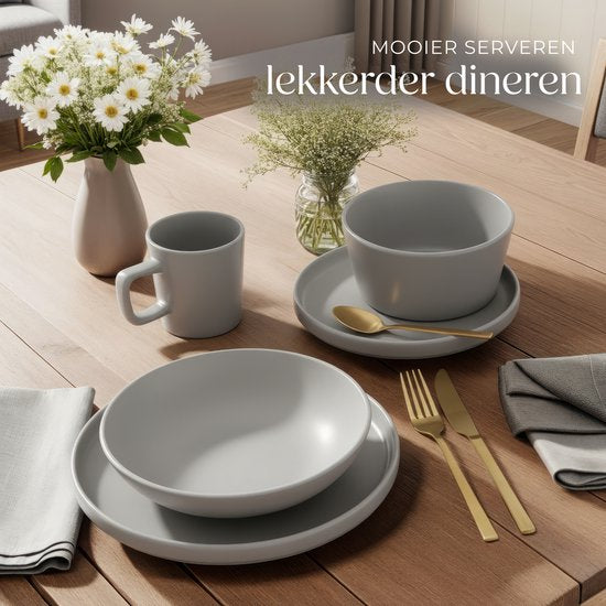 tectake® Service de table Una - 30 pièces - Grès - 6 couverts - Service de table élégant et durable - Ensemble comprenant des grandes et petites assiettes, des bols, des coupelles - Tasses - Gris