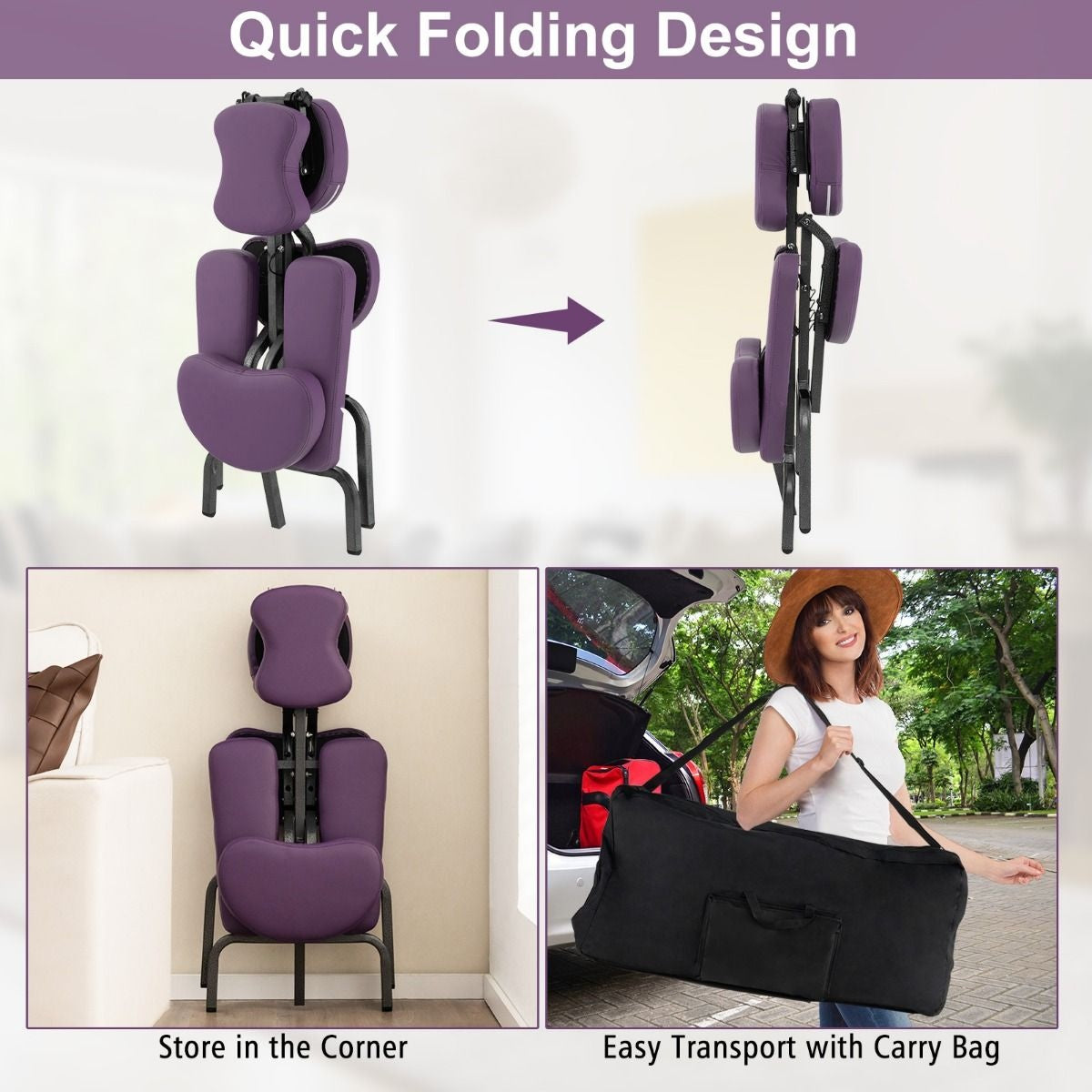 Fauteuil de massage Coast - Pliable - Avec mallette de transport - Max 150 kg - 48 x 55 x 120 cm - Violet