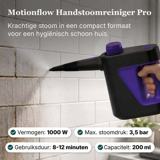 Nettoyeur vapeur à main Motionflow PRO, 11 pièces - Nettoyeur vapeur puissant de 1 000 W et 3,5 bars - Appareil de nettoyage pour salle de bains, canapés et sols - Nettoyeur vapeur anti-taches - Câble d'alimentation de 3 mètres