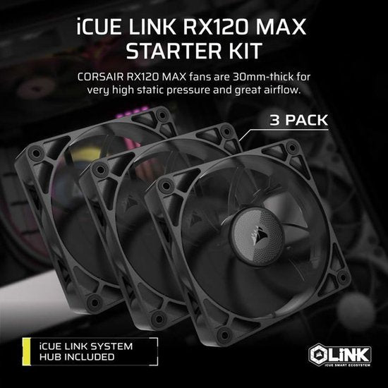 Kit de démarrage Corsair iCUE LINK RX120 MAX PWM Thick Fans - Lot de 3 ventilateurs - 120 mm - 71,28 cfm - 400 - 2 000 tr/min - 10 - 29,5 dBA - Avec hub système iCUE LINK - noir