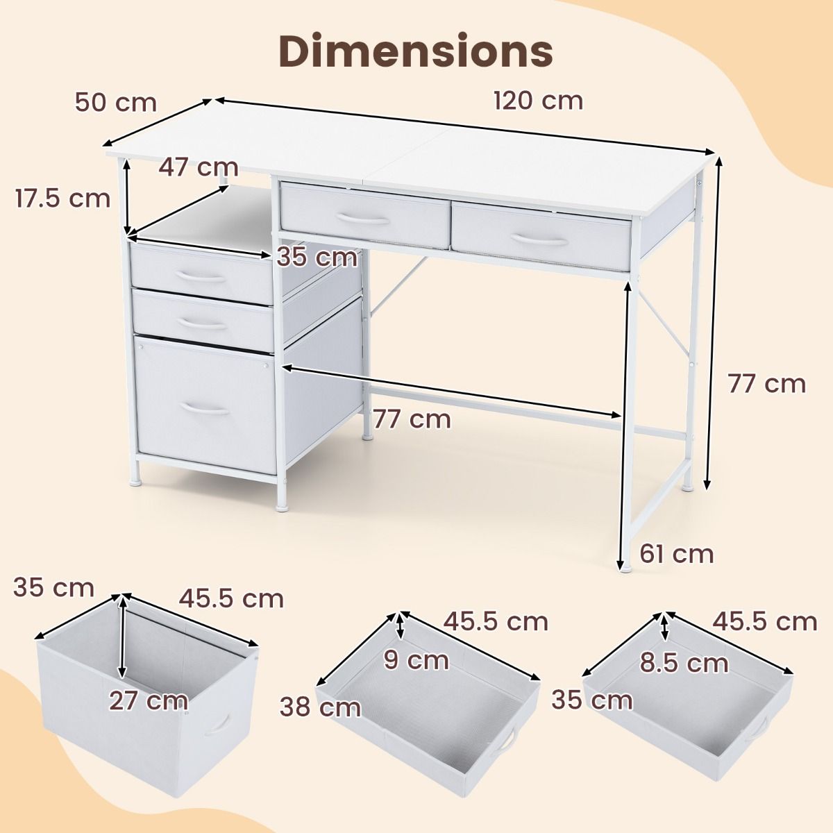 Bureau Coast - avec espace de rangement et étagère ouverte - 5 tiroirs en tissu - structure métallique - 120 x 50 cm - couleur café et noir