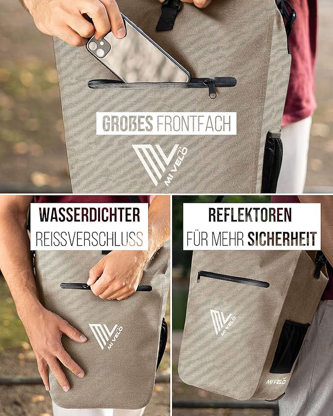 Sac de vélo MIVELO – Imperméable, avec compartiment pour ordinateur portable et antivol – 25 litres – Beige sable
