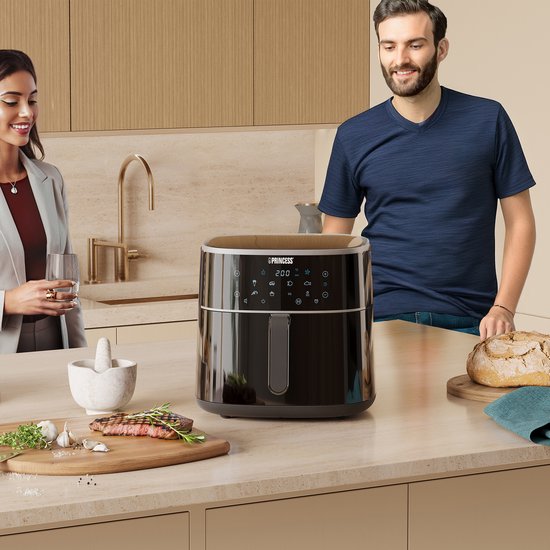Friteuse à air chaud numérique Princess XXL 182254 - 8 litres - Très grande capacité - Sans PFAS - Friteuse à air chaud - Grille réglable en hauteur incluse - Écran tactile numérique - 8 programmes automatiques - 1 800 W - Noir