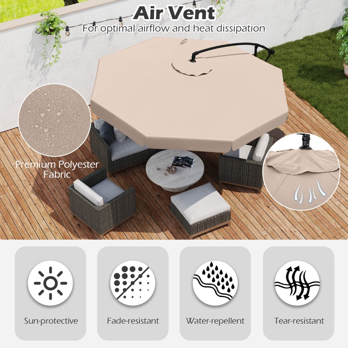 Parasol suspendu Coast - 305 cm de diamètre - Réglable en hauteur - Housse de protection incluse - Beige