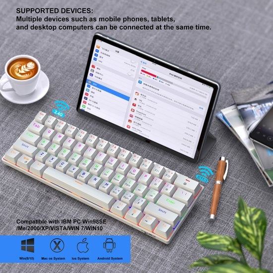 HXSJ L800 Wireless Mechanical TKL Gaming Keyboard - RGB - filaire / 2.4GHz RF / Bluetooth - QWERTY - 61 touches - commutateur bleu - blanc