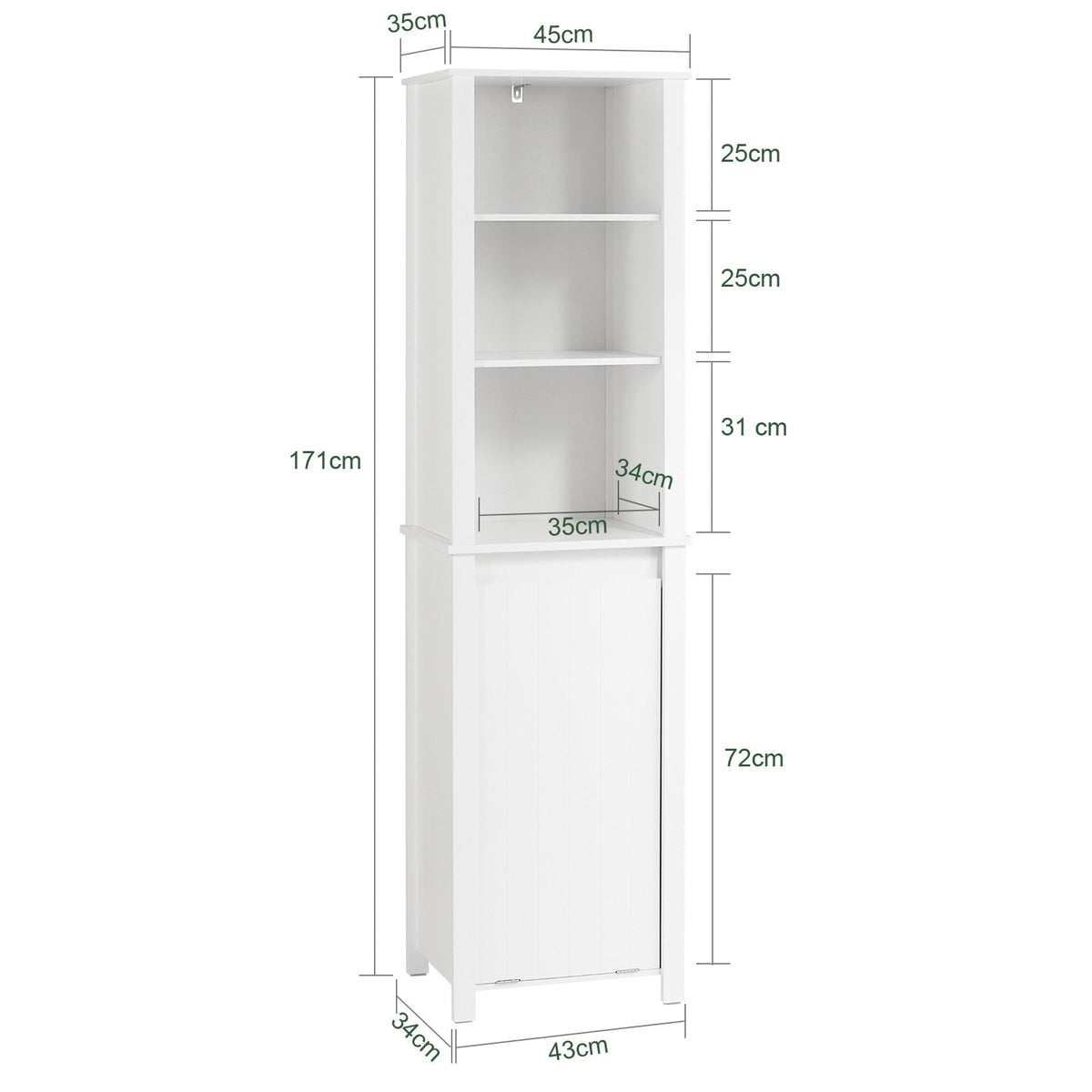 Meuble colonne de salle de bain, SoBuy, Meuble haut, 3 étagères, 1 panier à linge basculant, 45 x 35 x 171 cm, Blanc