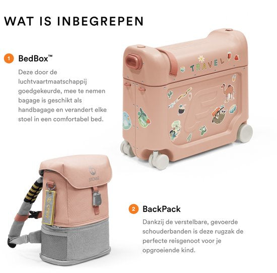 Kit de voyage Stokke JetKids, rose corail - Avec valise BedBox Ride-On et sac à dos - Pour les enfants de 2 à 7 ans (jusqu'à 35 kg)