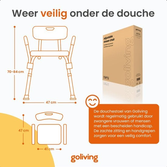 Chaise de douche réglable Goliving - Accoudoirs et dossier amovibles - Tabouret de douche avec support de pommeau de douche - Antidérapant - 3,2 kg - Hauteur 70-84 cm - Blanc