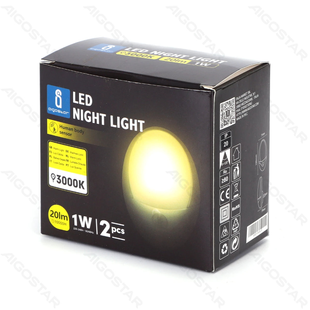 Veilleuse LED Aigostar NL01 avec capteur - 1 W - 3000 K - IP20