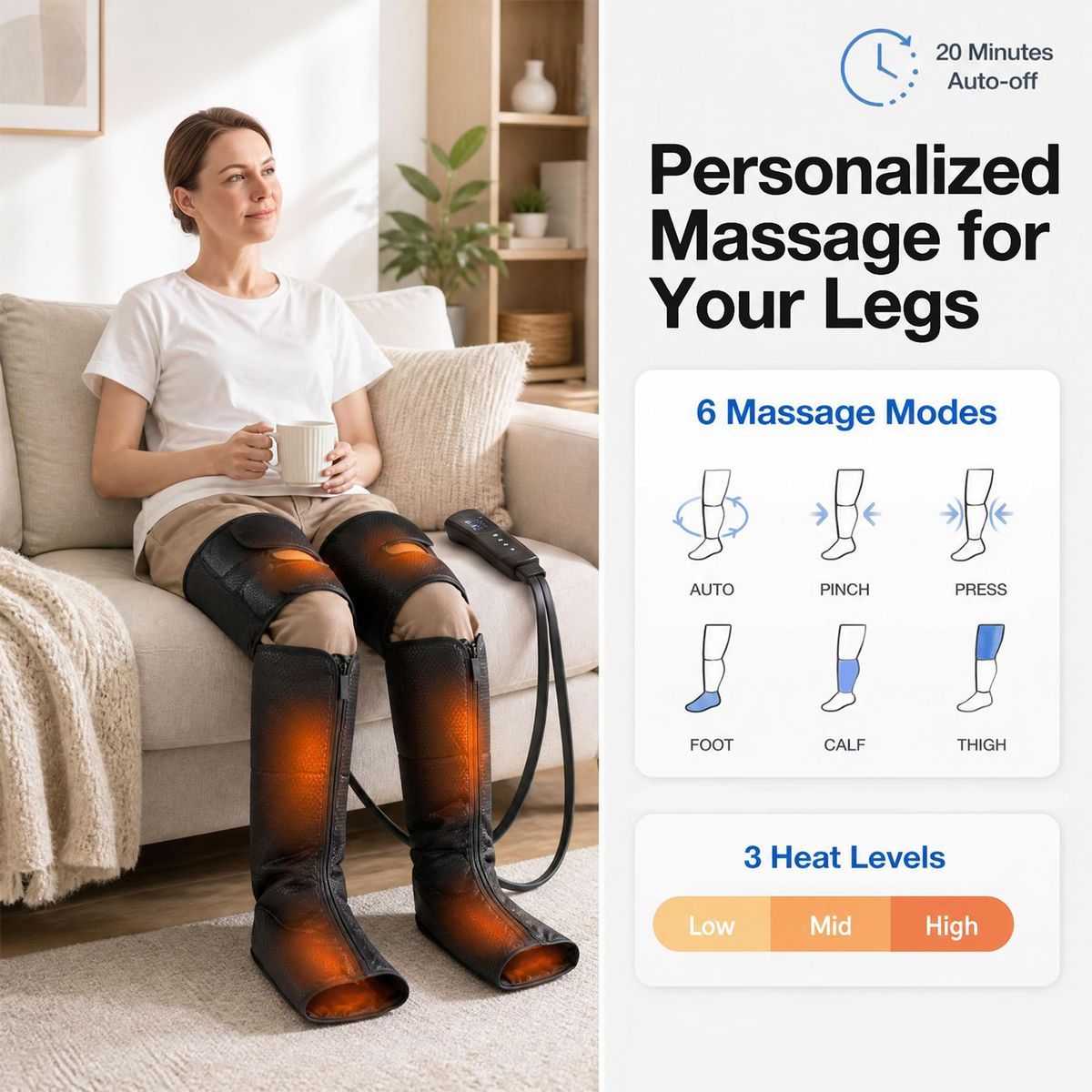 Appareil de massage des jambes Coast - chaleur et compression - 6 modes de massage - noir