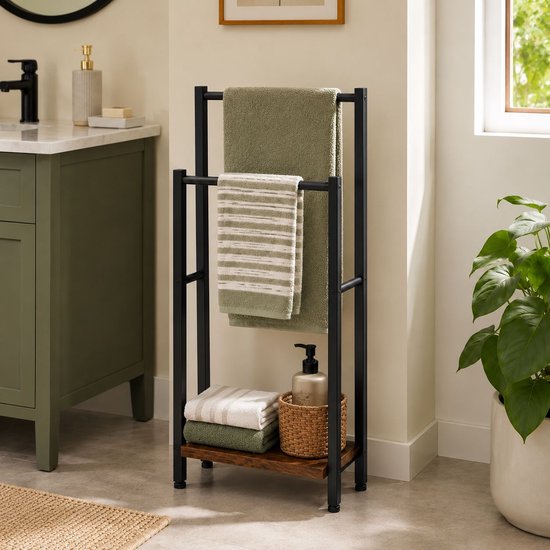 Porte-serviettes sur pied – 2 barres – Métal-MDF – Porte-serviettes de salle de bains – 80 cm
