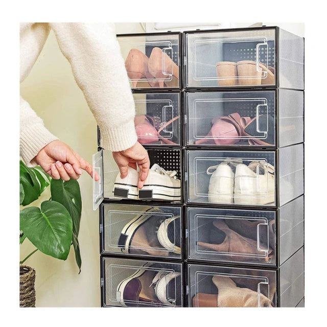 Boîtes à chaussures pliables Songmics, lot de 18 - 33,3 x 23 x 14 cm – Boîtes de rangement en plastique noir avec porte