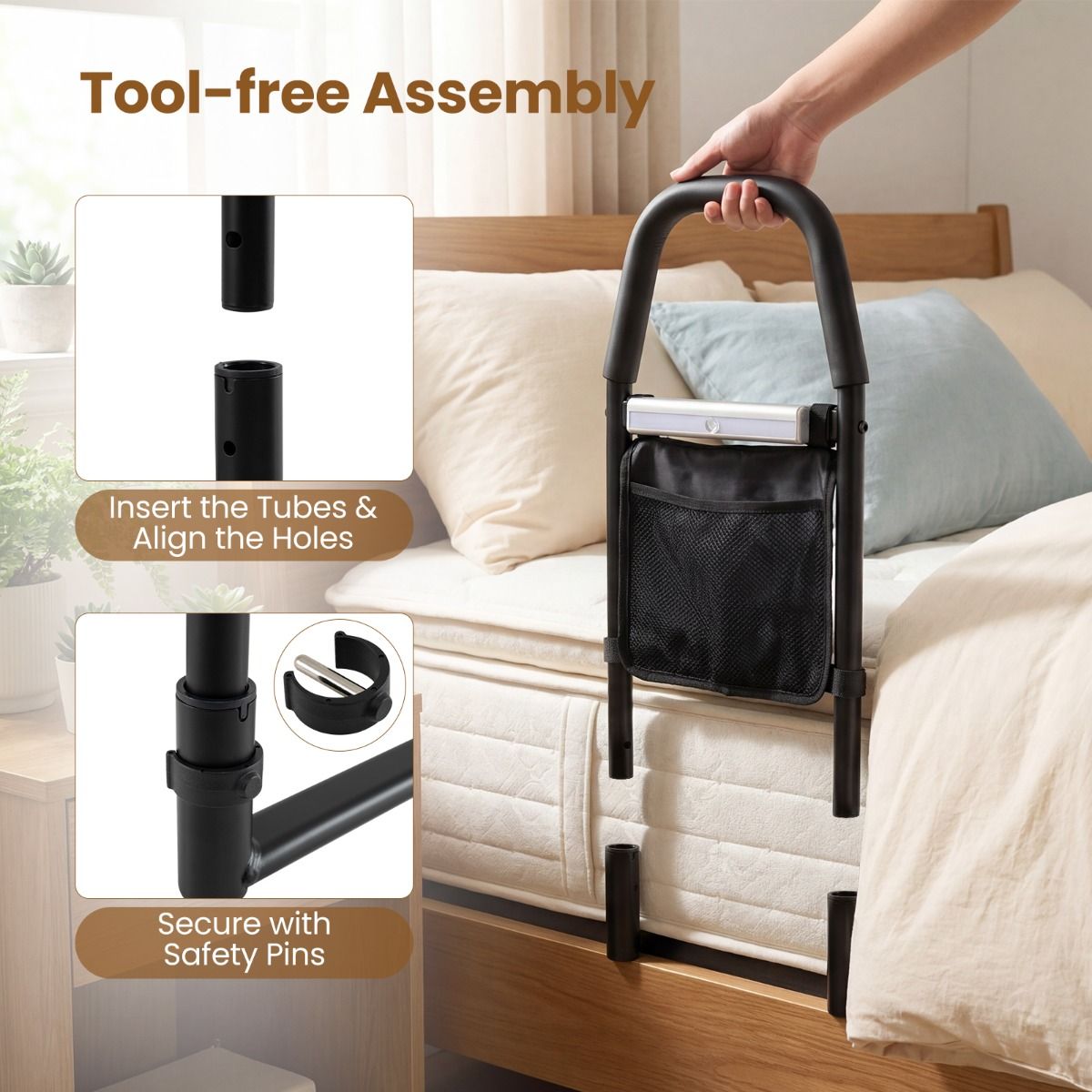 Barrière de lit Coast avec poignée de sécurité - Veilleuse LED avec détecteur de mouvement - Compartiment de rangement - Noir