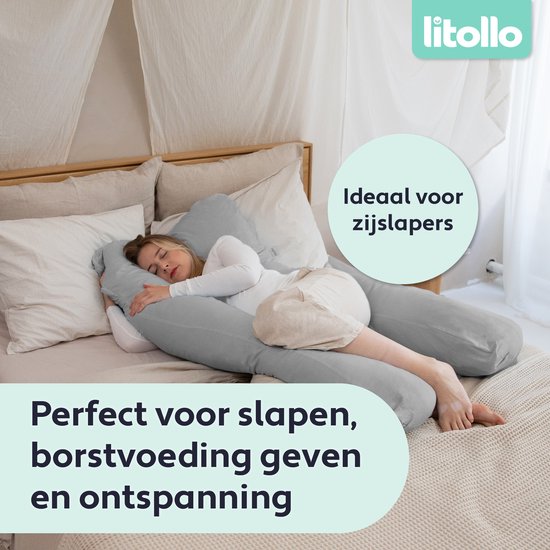 Oreiller de grossesse Litollo® XXL - Oreiller d'allaitement - Oreiller de corps - Body pillow - 280 cm - Housse amovible - Gris