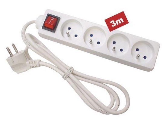 Multiprise Perel avec interrupteur, 4 prises avec broche de terre (type E), câble de 3 m, 3G1,5, usage intérieur, blanc