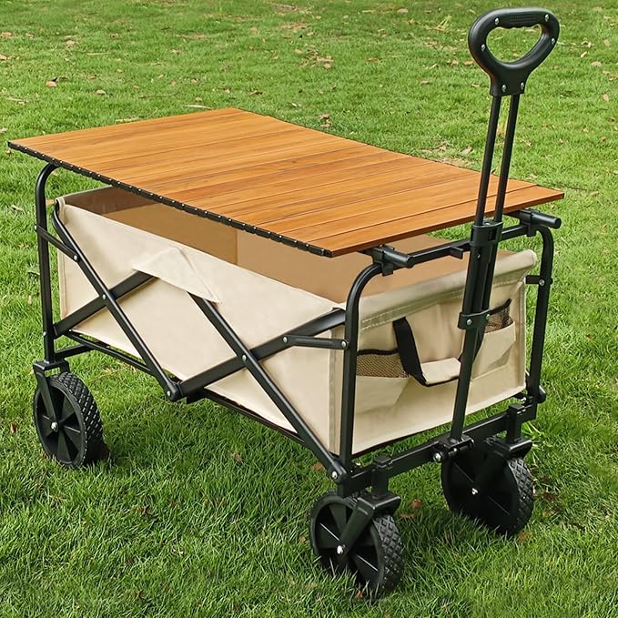 Table d'extérieur pliable Aldorr pour chariot de jardin, plateau 75 x 55 cm – Portable – Compacte – Couleur bois