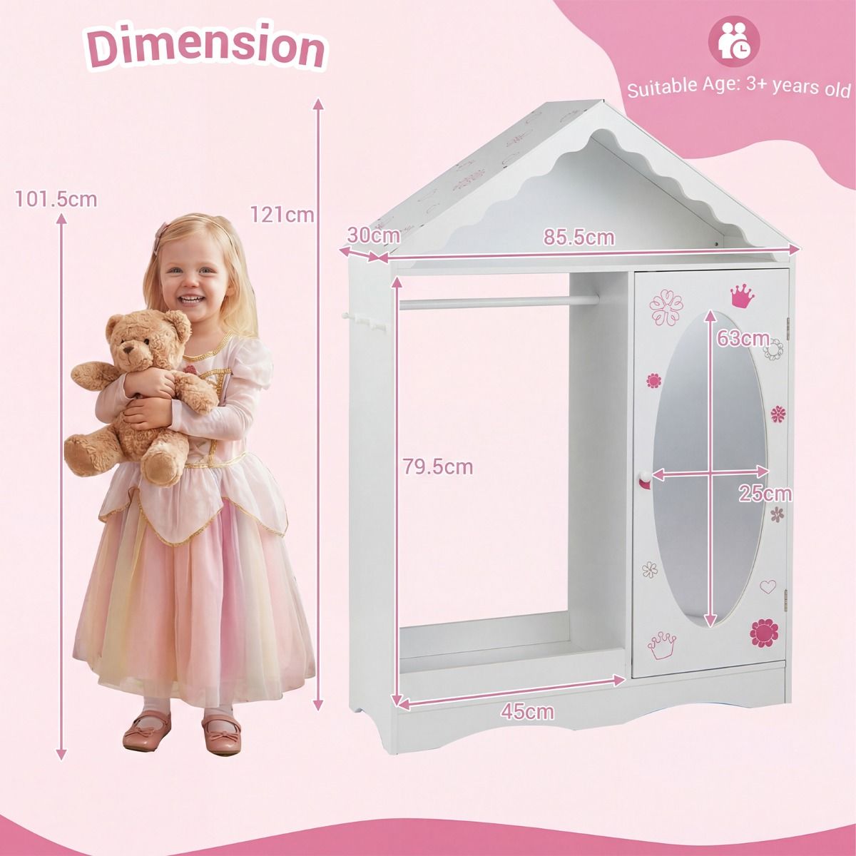 Armoire pour enfants Coast avec miroir - design en forme de toit - tringle à vêtements ouverte et étagères - blanche