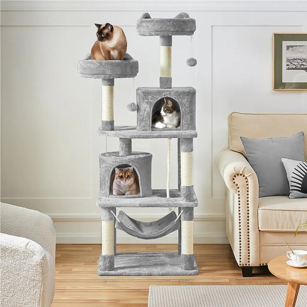 Arbre à chat Yaheetech 158 cm - Gris clair - Arbre à chat avec 2 grottes, un hamac et des poteaux en sisal