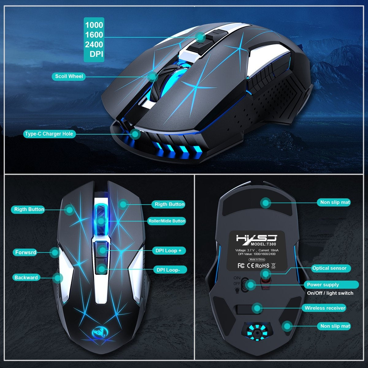 HXSJ T300 2.4G Draadloze Gaming Muis - Computermuizen - Ultra licht - Compact Voor Onderweg - RGB Verlichting - Zwart