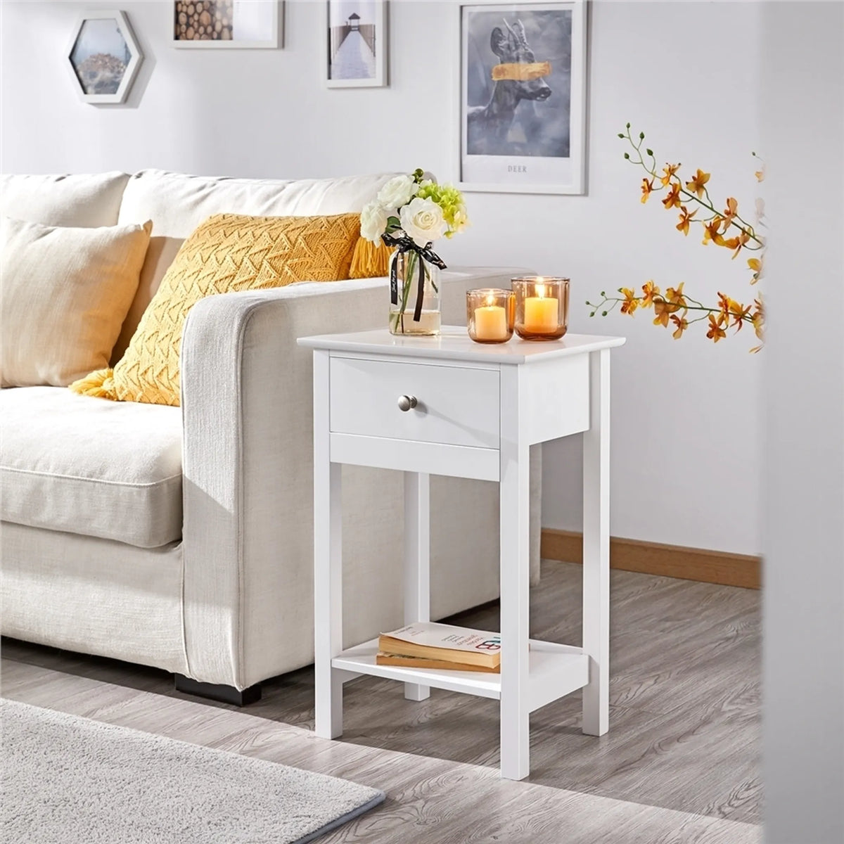 Yaheetech : table de chevet design avec tiroir et étagère, 40 x 30 x 61 cm – Blanc intemporel – MDF