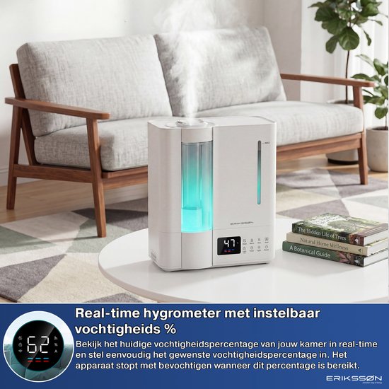 Humidificateur Erikssøn Elite - 8 litres - Convient pour le salon, le bureau, la chambre à coucher, la chambre de bébé - Humidificateur - Avec fonction d'aromathérapie - Blanc