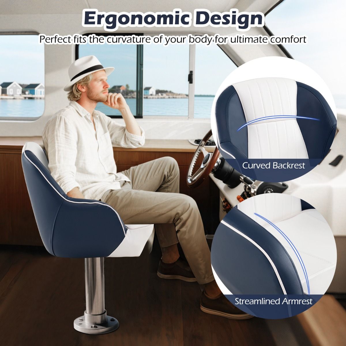 Siège de capitaine Coast pour bateau - rembourrage en mousse épaisse - cuir PVC imperméable - bleu et blanc