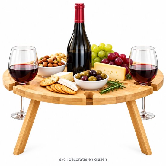 Table à vin pliable Ceruzo - Bambou - Ø 30 cm - 4 porte-verres à vin - Plateau à apéritif