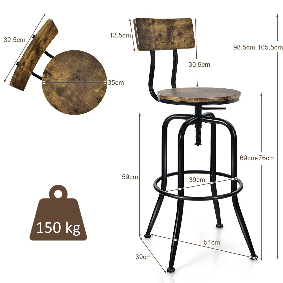 Coast Bar Chair Industrial 2 Set Bar Stool rotatif et réglable en hauteur marron