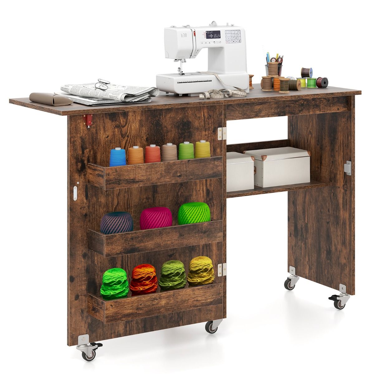 Table de couture pliable Coast - Station de loisirs créatifs mobile - Avec étagère et compartiments de rangement cachés - Vert 118,5 x 40 x 79,5 cm