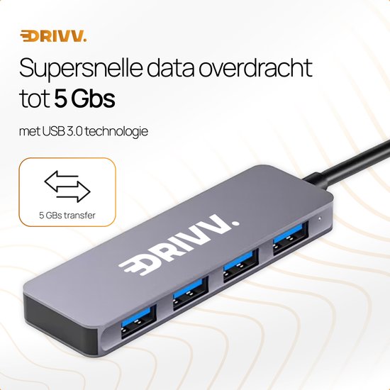 Drivv. Répartiteur USB 4 ports - USB 3.0A - Hub USB 3.0 - Boîtier aluminium - Gris