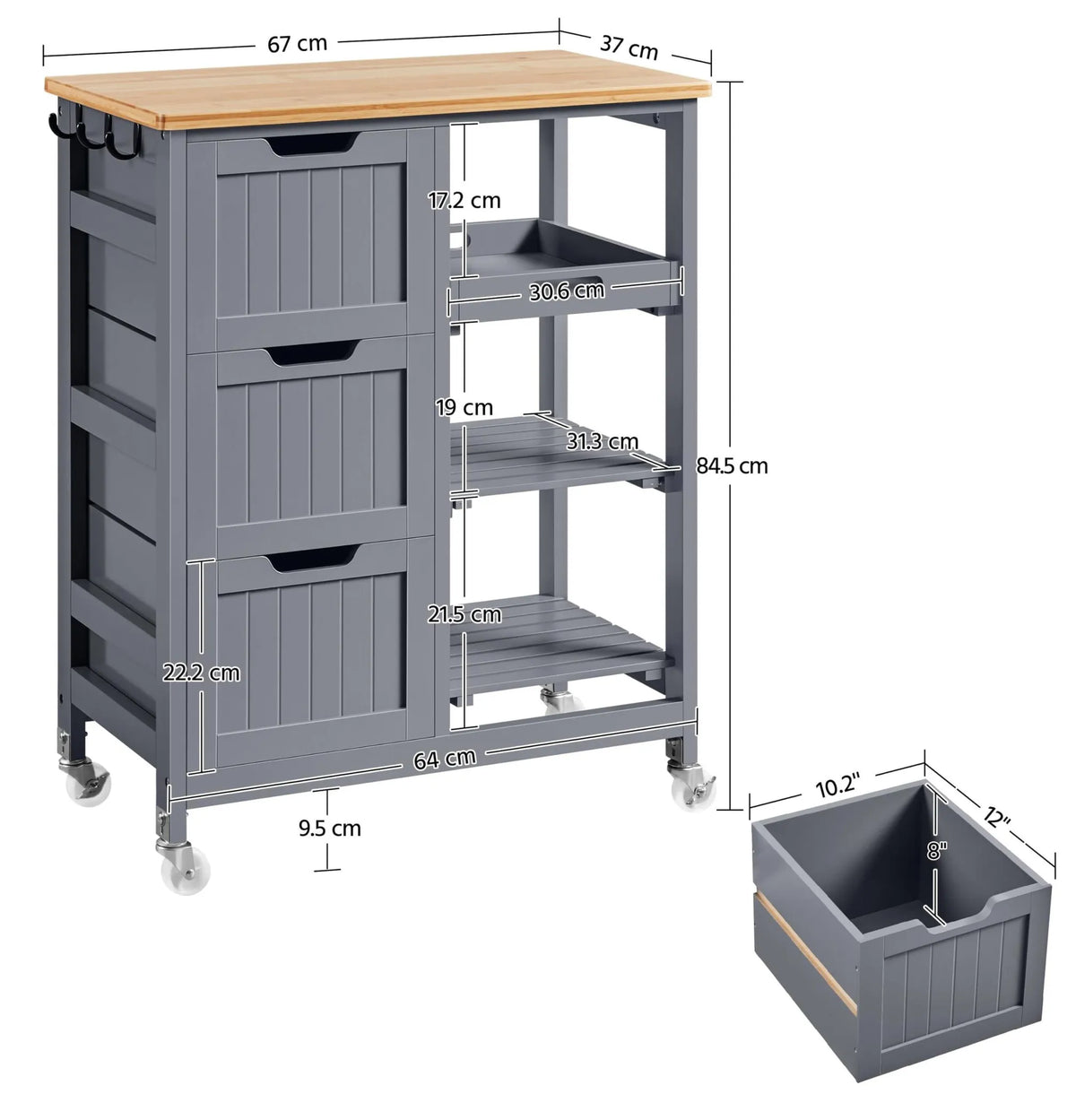 Chariot de cuisine Yaheetech à 3 tiroirs et roulettes - 67 x 37 x 84,5 cm - Gris foncé