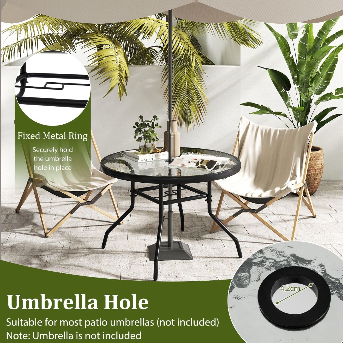 Table d'appoint ronde Coast pour l'extérieur - Plateau en verre trempé - Trou pour parasol de 4,2 cm - Noir 70 x 70 x 45,5 cm