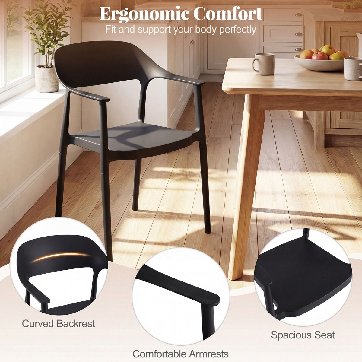Chaise de salle à manger Coast - empilable - en plastique résistant aux intempéries - avec accoudoirs et dossier - noir/blanc