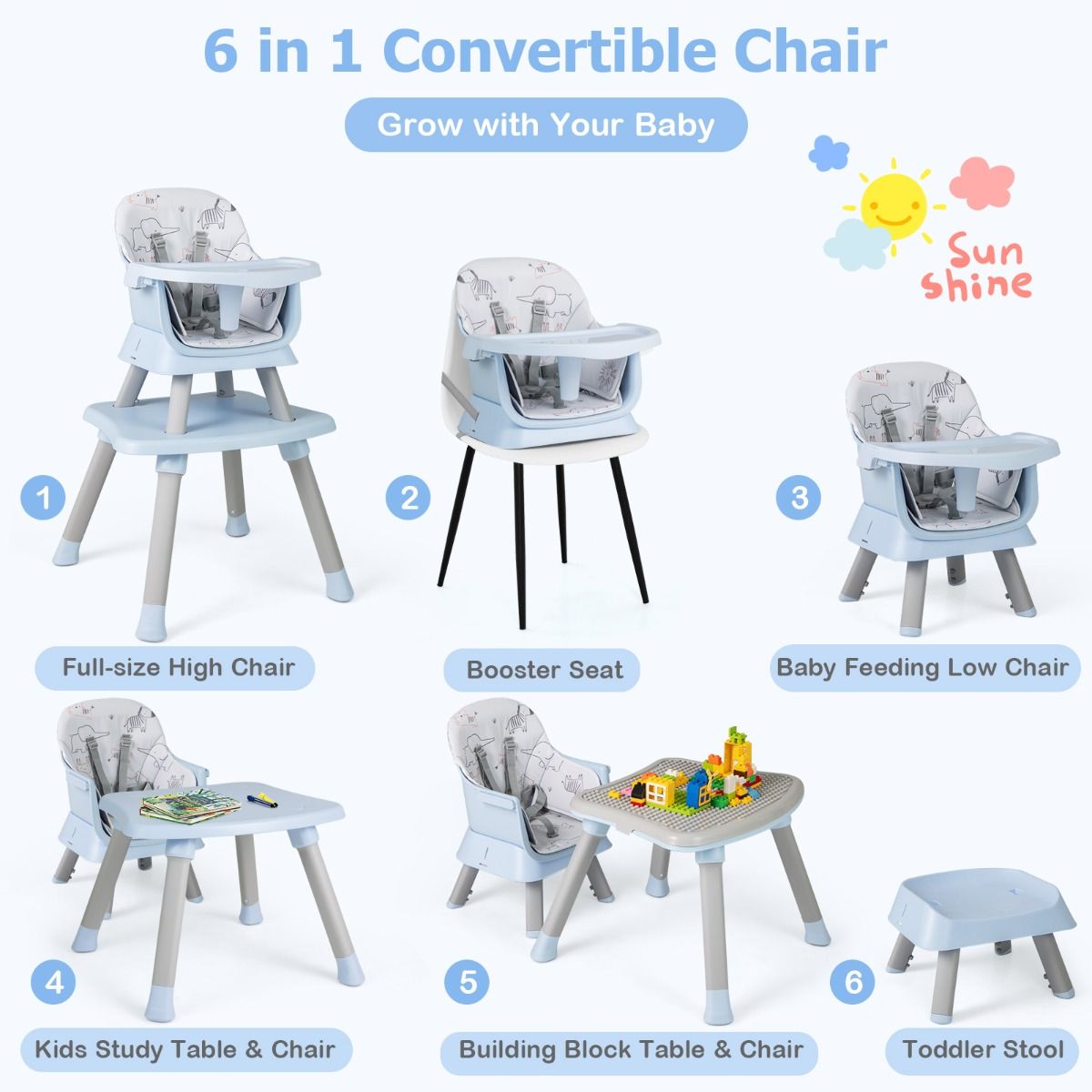 Chaise haute Coast 6-en-1 - Rehausseur et table à blocs de construction - Avec tabouret et harnais à 5 points - Gris clair