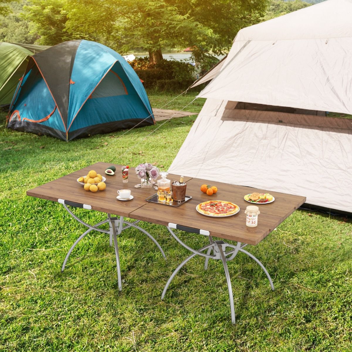 Ensemble de table de camping pliable Coast - Extensible - Aluminium léger - Plateau imitation bois - Couleurs café et argent
