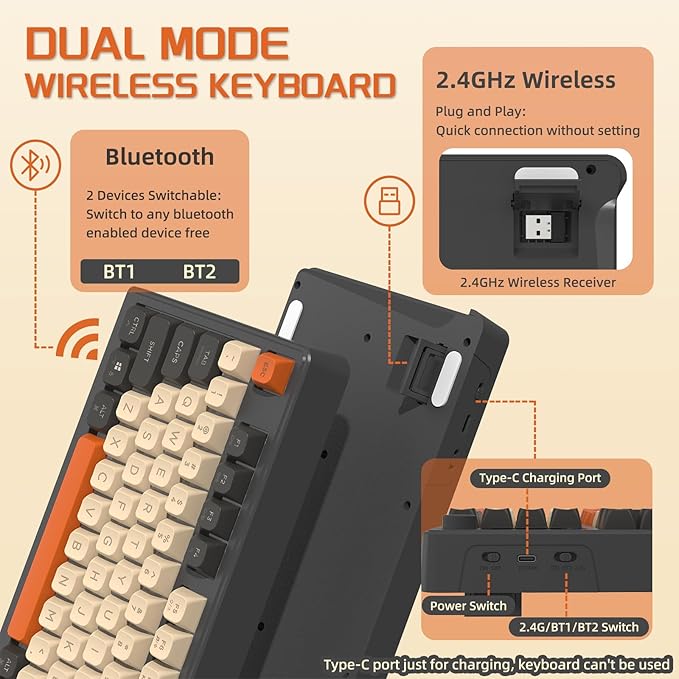 FREEWOLF M96 Wireless Gaming Keyboard, clavier mécanique sans fil Bluetooth/2.4G, rétro-éclairage LED RGB avec écran, capuchon de clavier PBT, 3000mAh, US Layout pour Win/Mac Flickering
