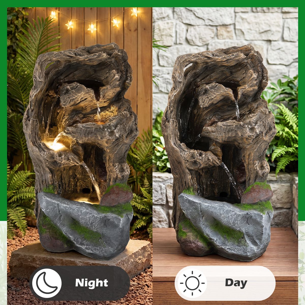 Fontaine de jardin Coast à 4 niveaux - Éclairage LED - Résistante aux intempéries - Marron, 26 x 28 x 53 cm